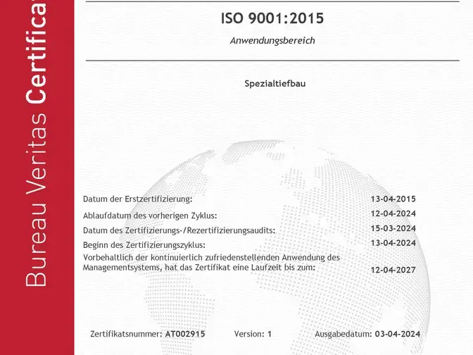 Keller Grundbau ISO 9001:2015 Zertifikat